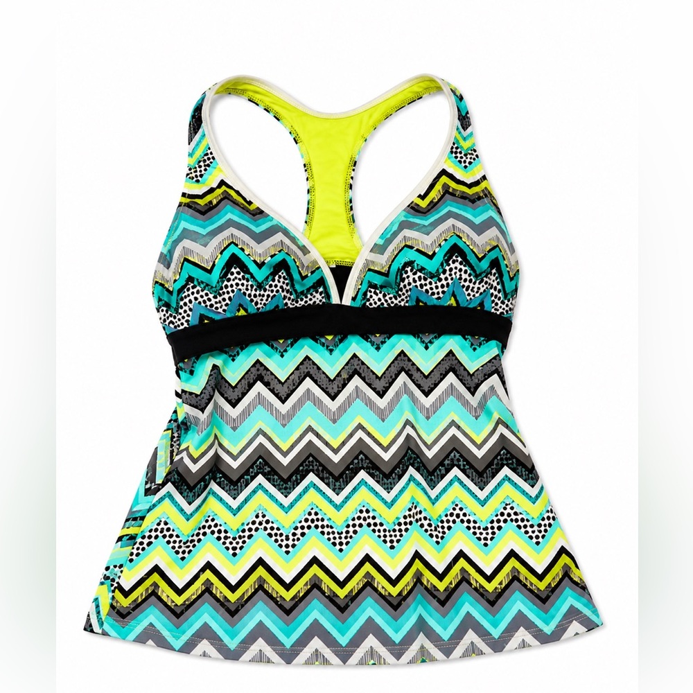 Chevron Print Racerback Swim Tankini Top - Turquoise & Lime